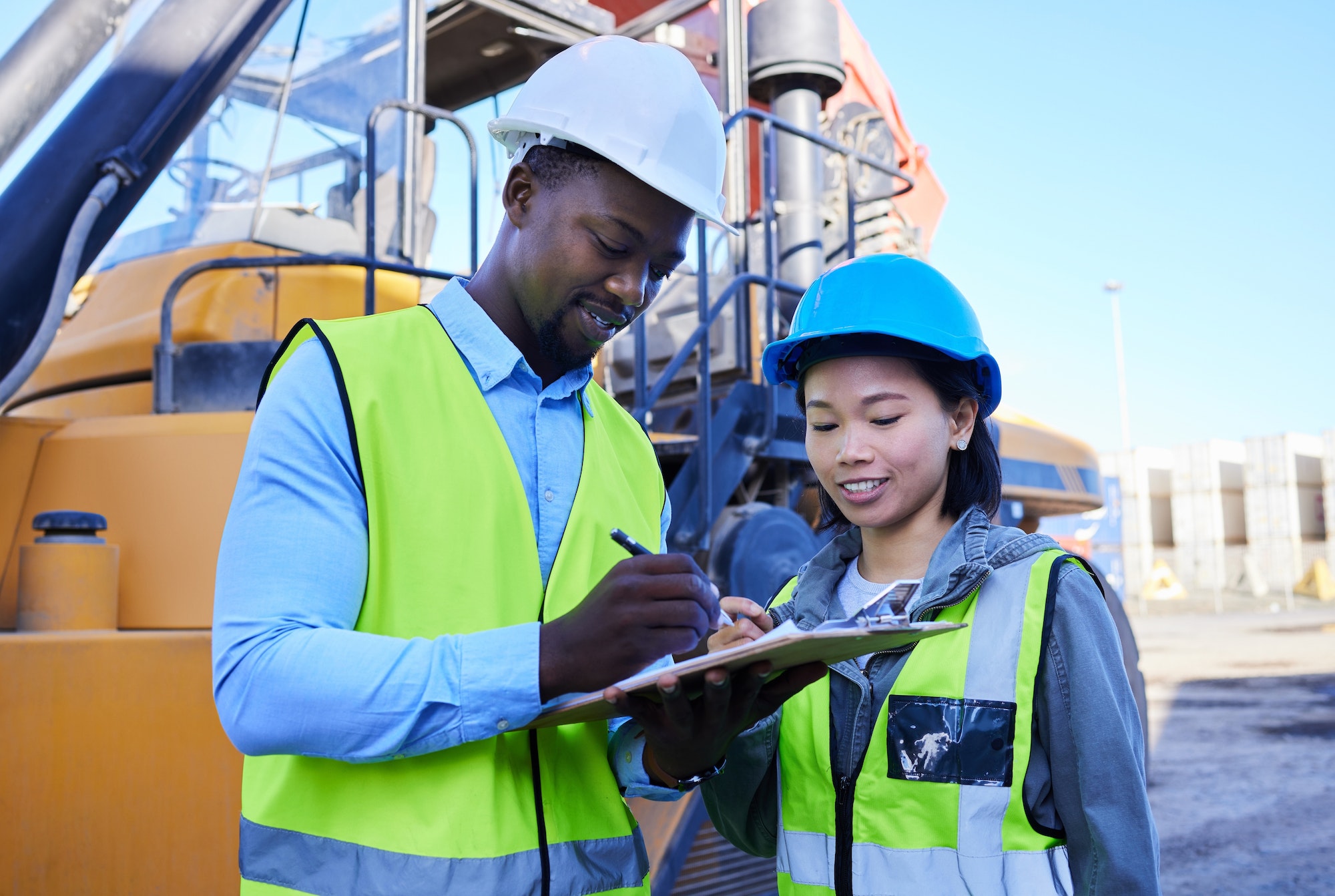 Logistics checklist, transportation and engineer people inspection of truck for supply chain manage